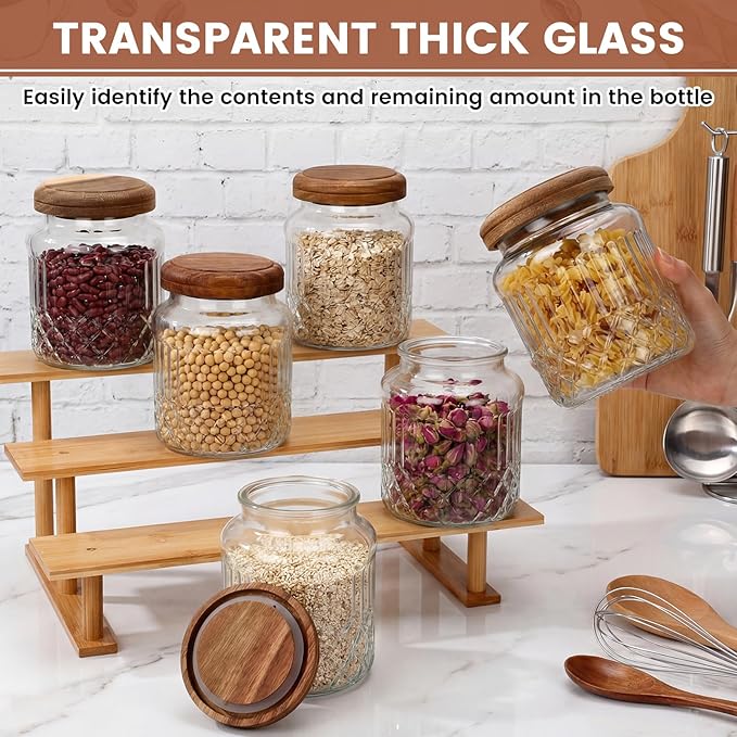6 Pack Vintage Glass Jars with Wooden Lids 33.8 oz Airtight Glass Canisters Storage Containers Large Food Canisters for Pantry Coffee Spice Grains Tea Sugar Flour Kitchen(Fine Floral)