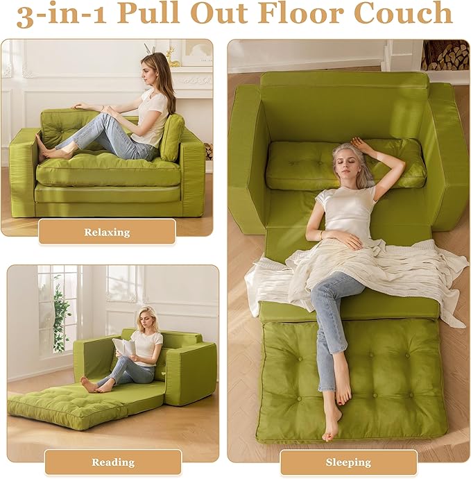 YOSHOOT Loveseat Sleeper Sofa,55" Convertible Sofa Bed Couch Futon Couches for Living Room,3-in-1 Pull Out Floor Couch with Backrest and Pillows, Green