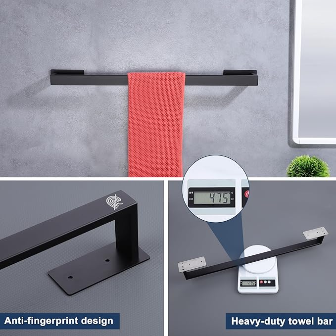 LANC Matte Black Hand Towel Rack 12-Inch Self-Adhesive Towel Bar for Bathroom Wall Mounted and No Drilling Towel Ring, Sticky on Bathroom Hand Towel Holder 304 Stainless Steel, A8310MB-L3