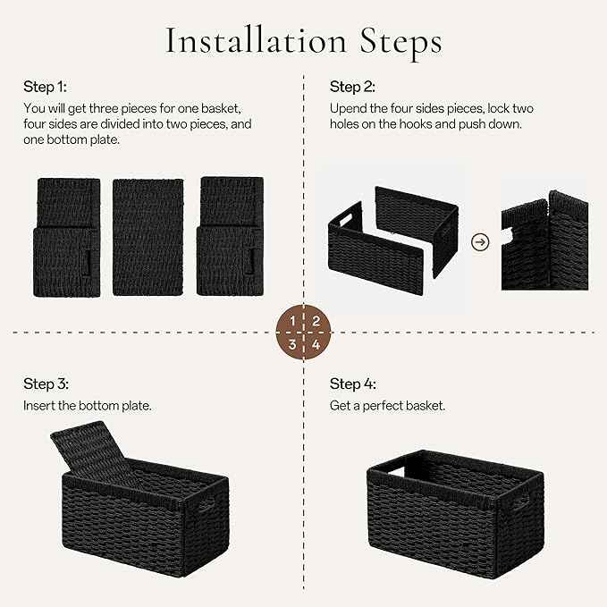 joybest Black Wicker Baskets, Woven Paper Rope Storage Baskets for Organizing, Foldable Rectangular Storage Organizer Bins for Shelves with Built-in Handles 13L x 10W x 5H inch, 2-pack