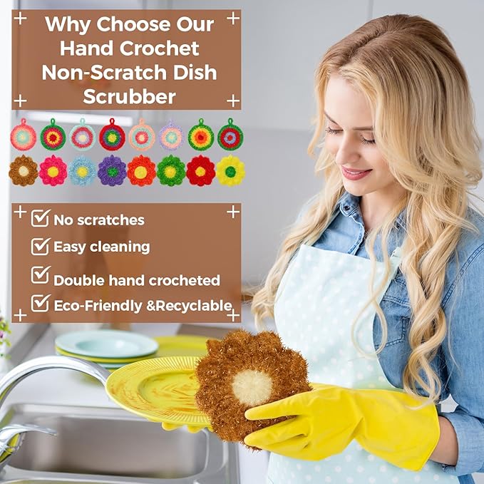 16 Pcs Dish Scrubber Non Scratch Dish Washing Scrubbers Reusable Household Cleaning Kitchen Tools for Dishwashing Washing Dishes Cookware Tubs Sinks (Flower)