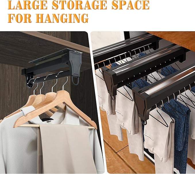 Alise Pull Out Clothes Hanger Rack for Closet,Heavy Duty Closet Rod with Automatic Soft-Close Mechanism for Closets,10 inch Closet Pull Out Metal Rod Organizer Hangers for Coats Pants Hangers,Black