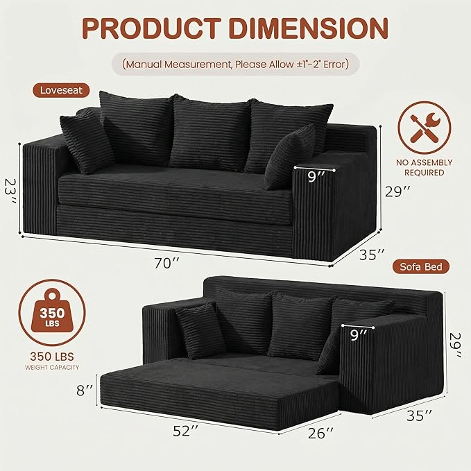 Convertible Sofa Bed, 5 in 1 Small Boneless Couch Pull Out Loveseat Sleeper Sofa,Corduroy Futon Couch Folding Mattress with 4 Pillows for Living Room Bedroom Lounge (No Assembly)