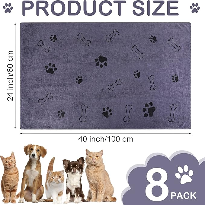 8 Pcs Dog Towels for Drying Dogs Cats Pet Towels Bulk Puppy Microfiber Quick Drying Paw Bath Bathing Supplies Absorbent for Medium Pets(Gray,40 x 24 Inch)