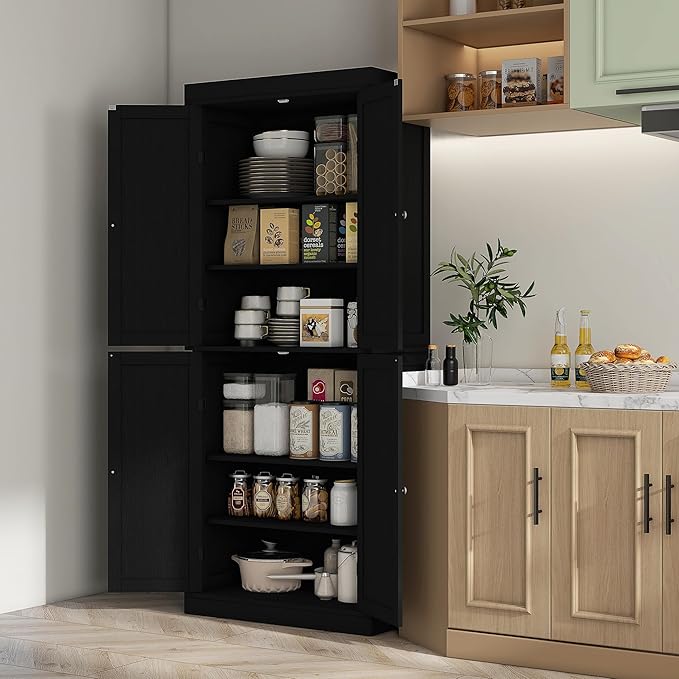 HOMCOM 72.5" Freestanding Kitchen Pantry Cabinet, Tall Storage Cabinet with 4 Doors and 2 Adjustable Shelves for Dining Room, Black Wood Grain