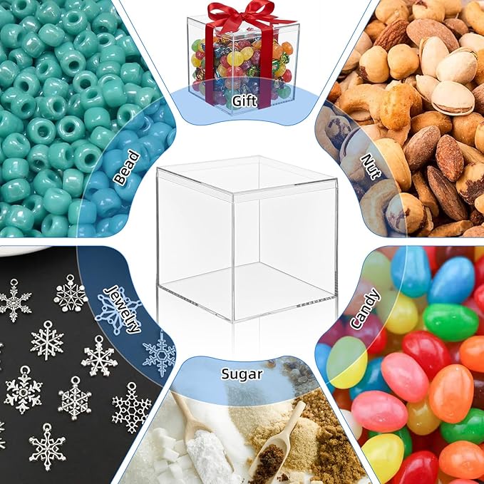 12 Pcs Clear Acrylic Box with Lid, 4 x 4 Inch Square Decorative Storage Container for Candy, Little Trinkets, and Jewelry Display