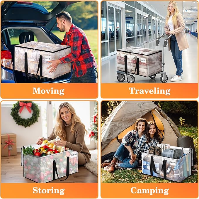 Extra Large Heavy Duty Moving Bags, Storage Bags with Strong Zippers & Handles, Packing Bags for Moving Essentials, Ideal Storage Tote for Home, Dorm & Storage Solutions, 125L 4 Packs Clear