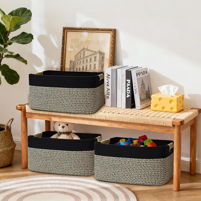 2 Pack Large Storage Basket for Organizing, 17.5"x13"x7" Woven Basket for Shelves, Closet Cube Storage Bins with Wrapped Handle, Cotton Rope Baskets for Kitchen, Clothes, Toys(Black & Brown)