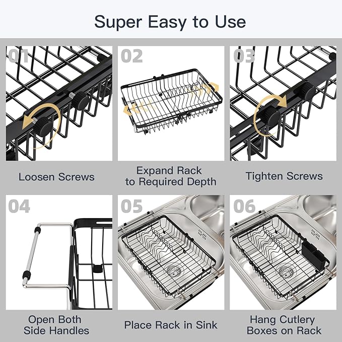 Small Expandable Over The Sink Dish Drainer Drying Rack In Stainless Steel Metal For Kitchen, Counter Space Saving Black Compact Above Plate Dryer Strainer, Adjustable Hanging Inside Sink Drain Holder