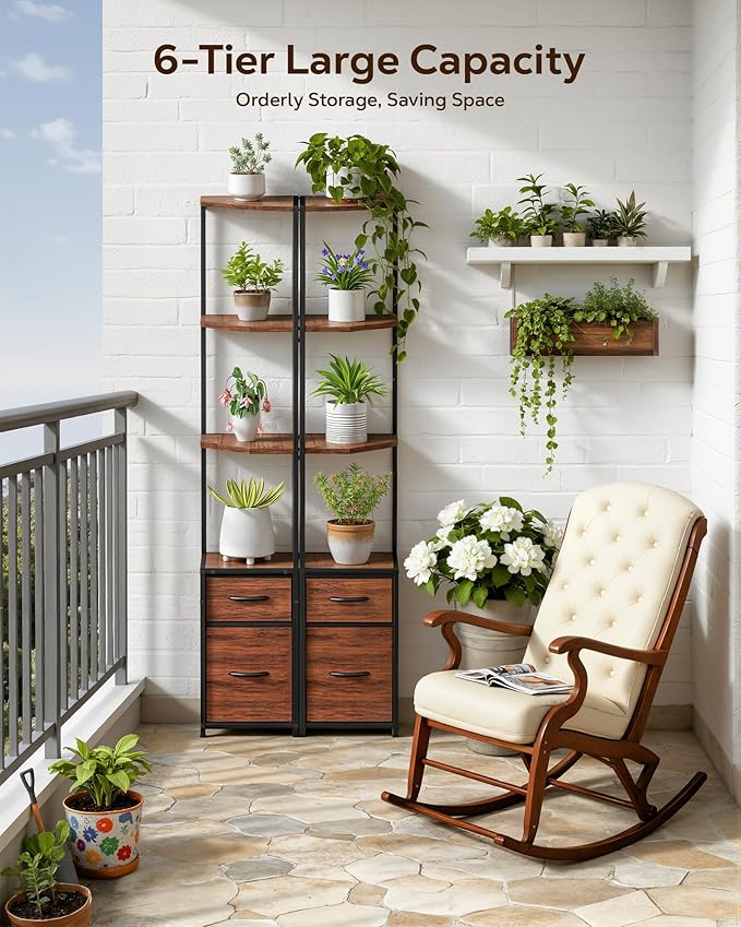 Corner Shelf Stand 6-Tier - 63.8" Tall Corner Bookshelf with Storage Drawers