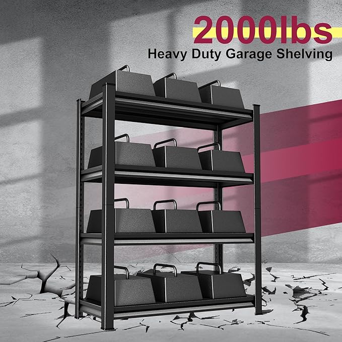 40''W Garage Shelves Heavy Duty - 2,000Lbs Steel Metal Adjustable Utility Storage Shelving Rack Units 40" W x 16" D x 66" H 4 Tier Black
