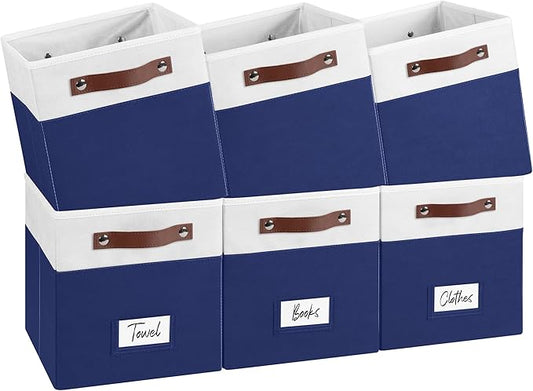 6-Pack Storage Cubes with Handles & Label Holders Basket, Closet Cube Home Organizer Bins(White/Blue, 10.5 * 10.5 * 11 inch)