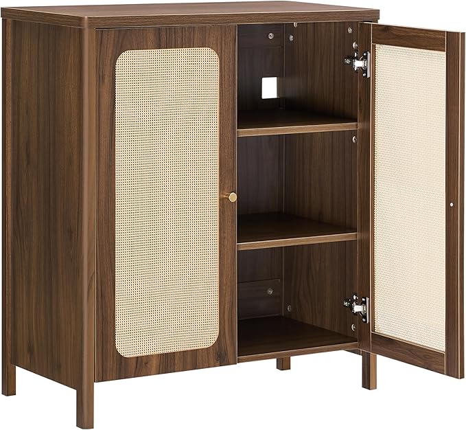 Rattan Sideboard Buffet Cabinet 2 Door Boho Kitchen Storage Cabinet Accent Console for Living Room, Hallway, Kitchen, Sideboard, Buffet Table Walnut