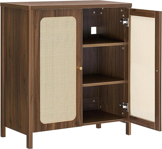 Rattan Sideboard Buffet Cabinet 2 Door Boho Kitchen Storage Cabinet Accent Console for Living Room, Hallway, Kitchen, Sideboard, Buffet Table Walnut