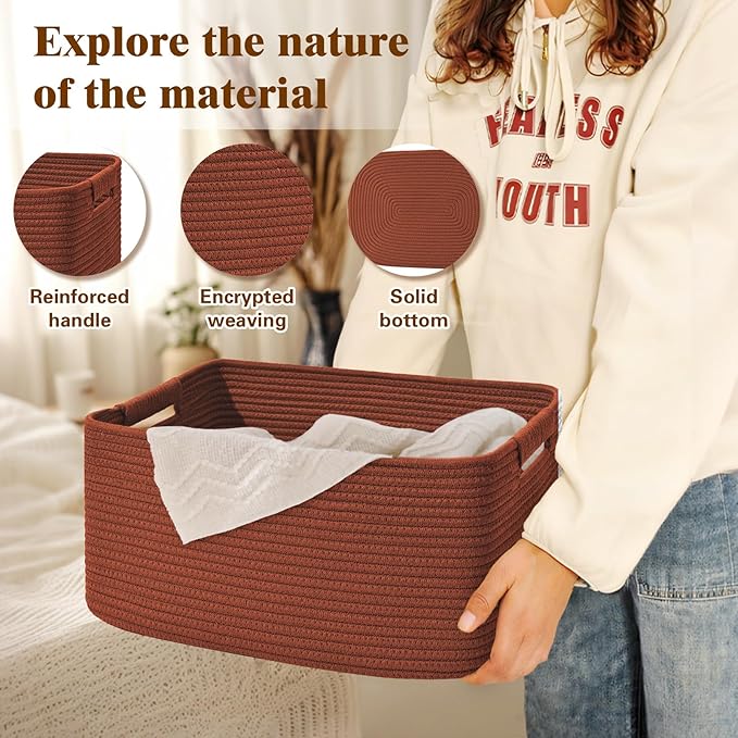 3 Pack Large Storage Basket for Organizing, 17.5"x13"x7" Woven Basket for Shelves, Closet Cube Storage Bins with Wrapped Handle, Cotton Rope Baskets for Kitchen, Clothes, Toys(Oxide Red)