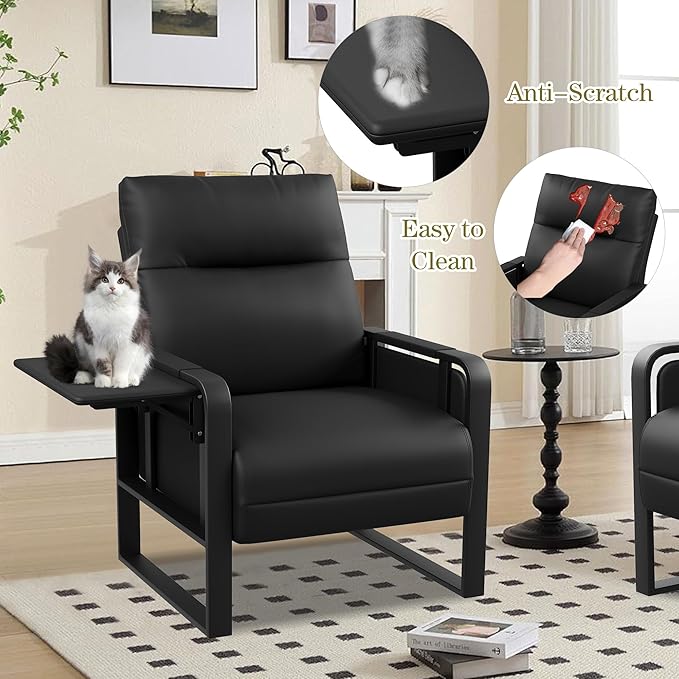 Black PU Leather Accent Chairs Set of 2 with Side Table Modern Upholstered Armchair Leisure Chairs for Living Room Bedroom Office Club Chair