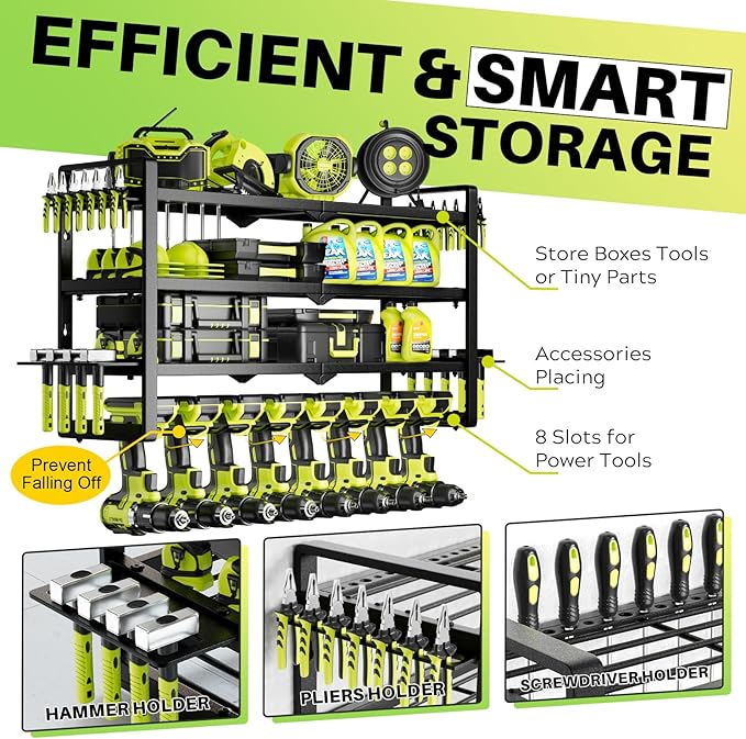 Large Power Tool Organizer Wall Mount, Garage Storage Cordless Tool Organizer with Screwdriver Holder, Heavy Duty Metal Storage Rack with 8 Drill Holder 4 Layer, Gifts for Men Who Have Everything