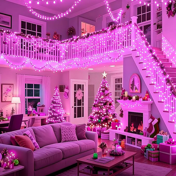 LAMPHOME 100 LED Pink Valentine Lights, 21.6ft Valentine Room Lights Green Wire, connectable Plug in Pink Christmas String Light Indoor Outdoor for Bedroom Valentines Day Party Galentine's Day Deco