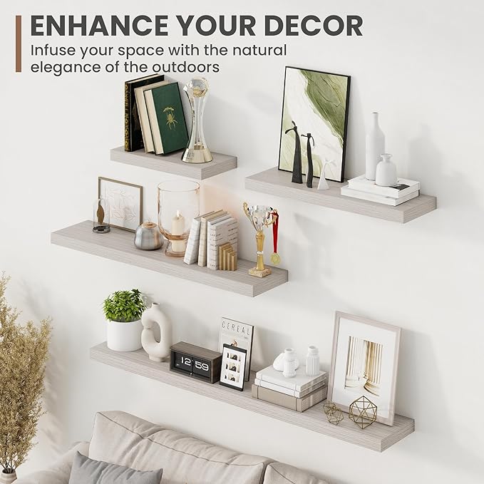 30 Inch Floating Shelves, 8 Inch Deep Floating Shelves for Wall, Hanging Shelf with Invisible Brackets, Deep Shelves for Bathroom, Bedroom, Living Room, Grey, Set of 2