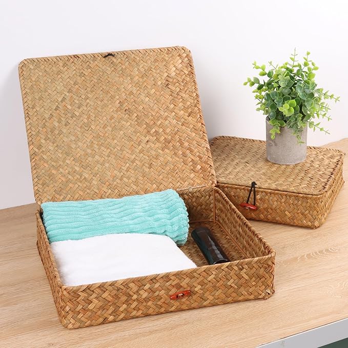Flat Wicker Shelf Baskets with Lid, Seagrass Woven Basket Boxes for Storage Basket Bins Multipurpose Home Decor Organizer (Natural Large)
