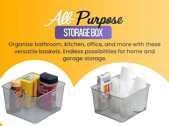 YBM HOME Mesh Stacking Bin Storage Containers for Kitchen Pantry, Cabinet and Shelves, Metal Wire Basket Rack for Fruits and Veggies, Crafts, Toys & Cleaning Items - 6-Pack, Medium 10x8.5x8 Silver