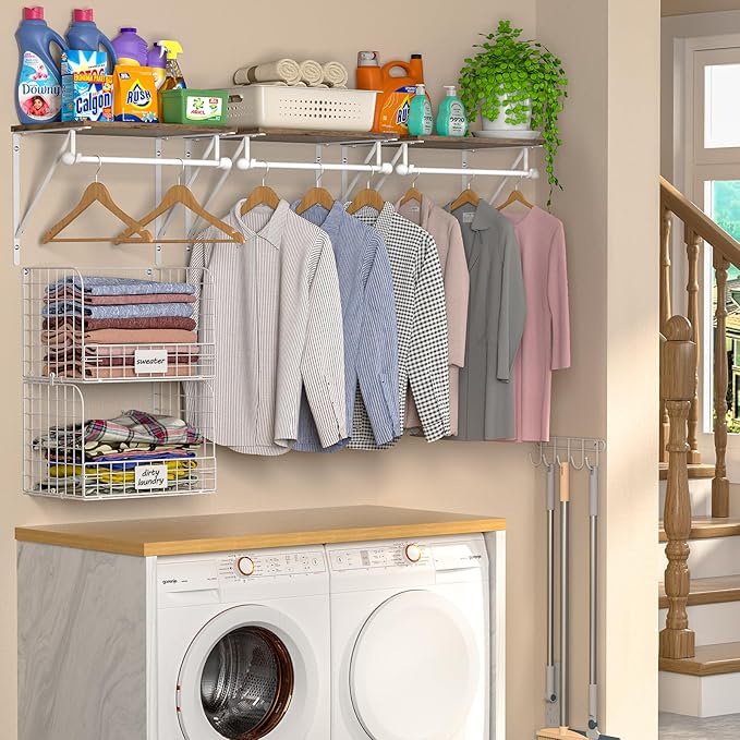 2 Set Laundry Room Shelves Wall Mounted with Wire Storage Baskets, Over Washer and Dryer Shelves with Hanging Rods and Hooks, Wire Shelves for Laundry Organization and Storage, White, Wooden