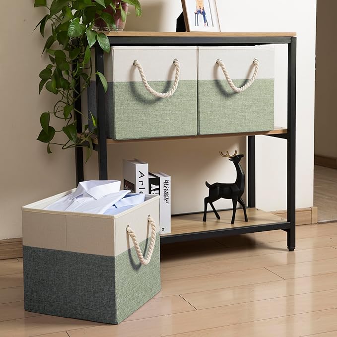 PRANDOM Large Foldable Cube Storage Bins 11x11 inch [2-Pack] Fabric Linen Storage Baskets Cubes Drawer with Cotton Handles Organizer for Shelves Nursery Closet Bedroom Beige/Green