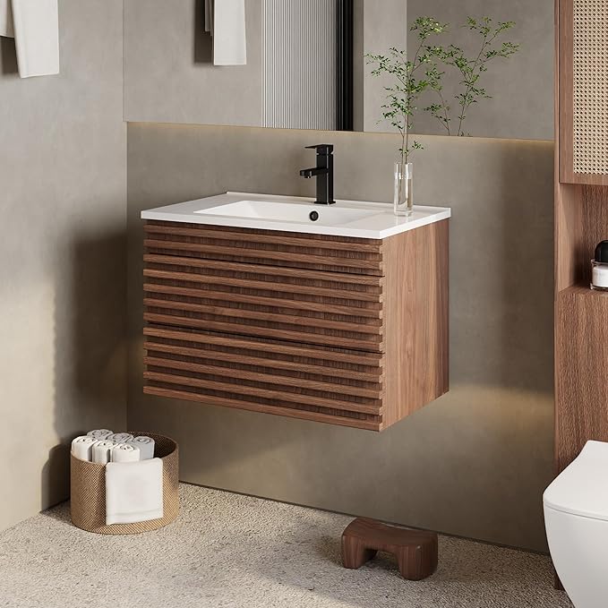 eclife 30" Floating Bathroom Vanity with Sink Combo Mid-Century Wall Mounted Cabinet with Wood Stripes Decor, Drawers, Undermount Sink, Faucet, Drain, Cocoa Brown
