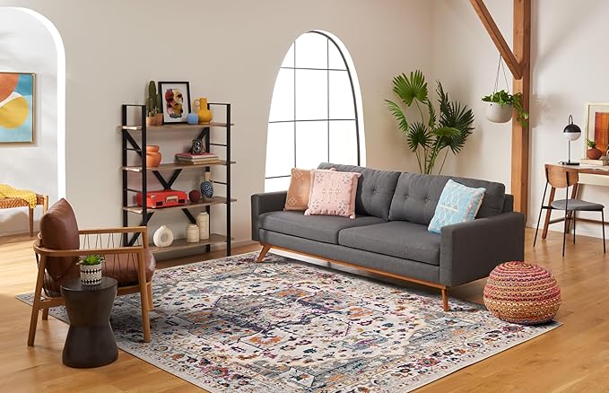 SAFAVIEH Evoke Collection Area Rug - 9' x 12', Ivory & Grey, Oriental Medallion Distressed Design, Non-Shedding & Easy Care, Ideal for High Traffic Areas in Living Room, Bedroom (EVK275A)