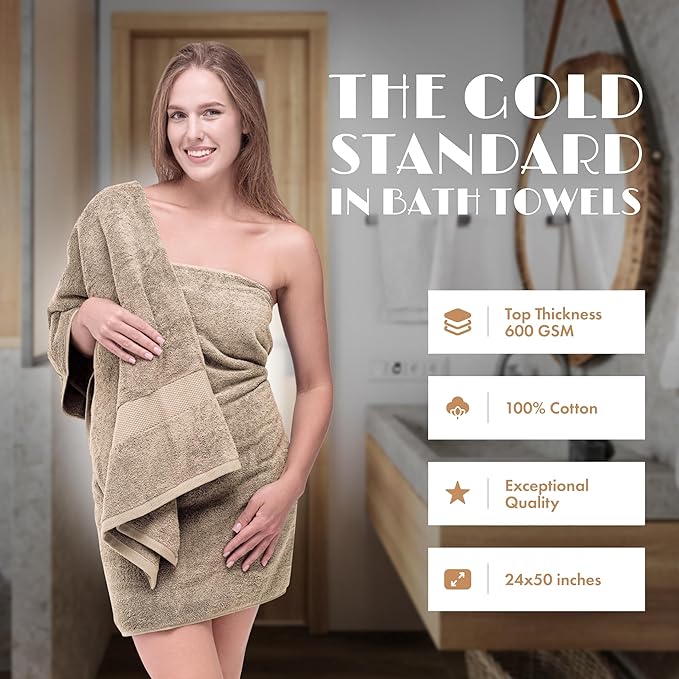 White Classic Wealuxe Taupe Bath Towels 24x50 Inch, Cotton Towel Set for Bathroom, Hotel, Gym, Spa, Soft Extra Absorbent Quick Dry 6 Pack