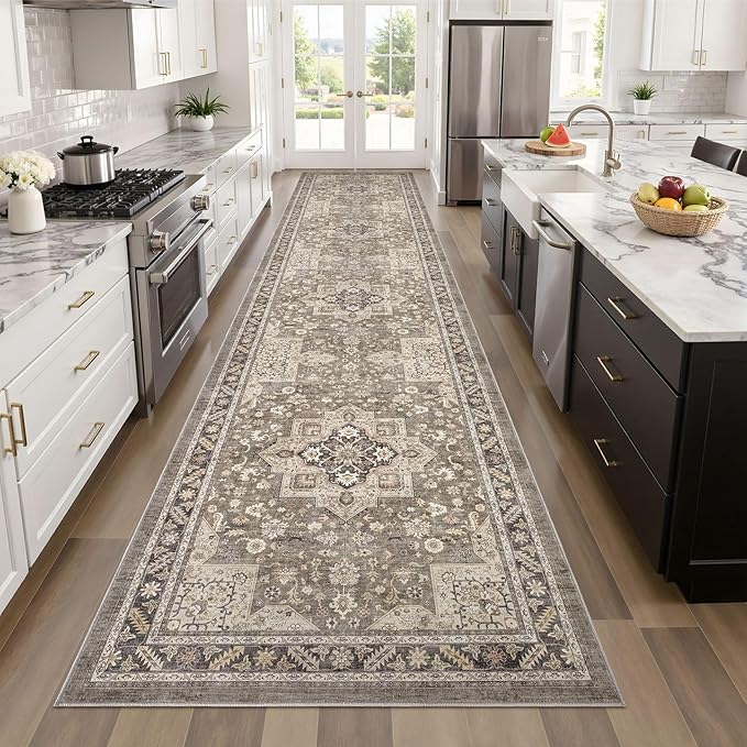 Vintage Hallway Runner Rug 3x12: Large Soft Washable Entryway for Kitchen Laundry Room Non-Slip Backing Runner for Entrance Living Room Bedroom Bathroom - Brown