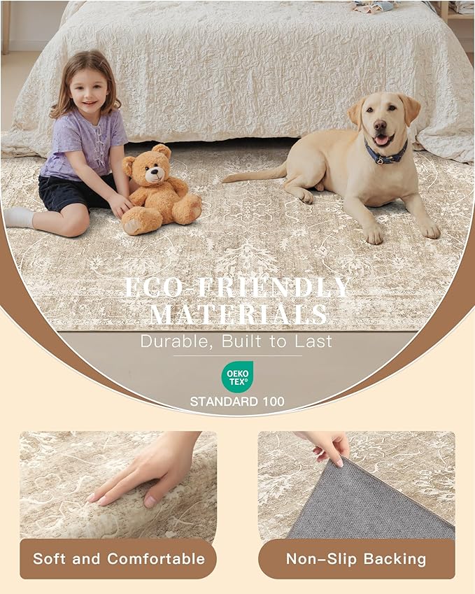 Madane 2x6 Runner Rug for Kitchen, Washable Vintage Hallway Rug with Non-Slip Rubber Backing, Soft Low Pile Throw Carpet Runner for Entryway Laundry Bathroom Bedroom Living Room (2 x 6, Beige/Brown)