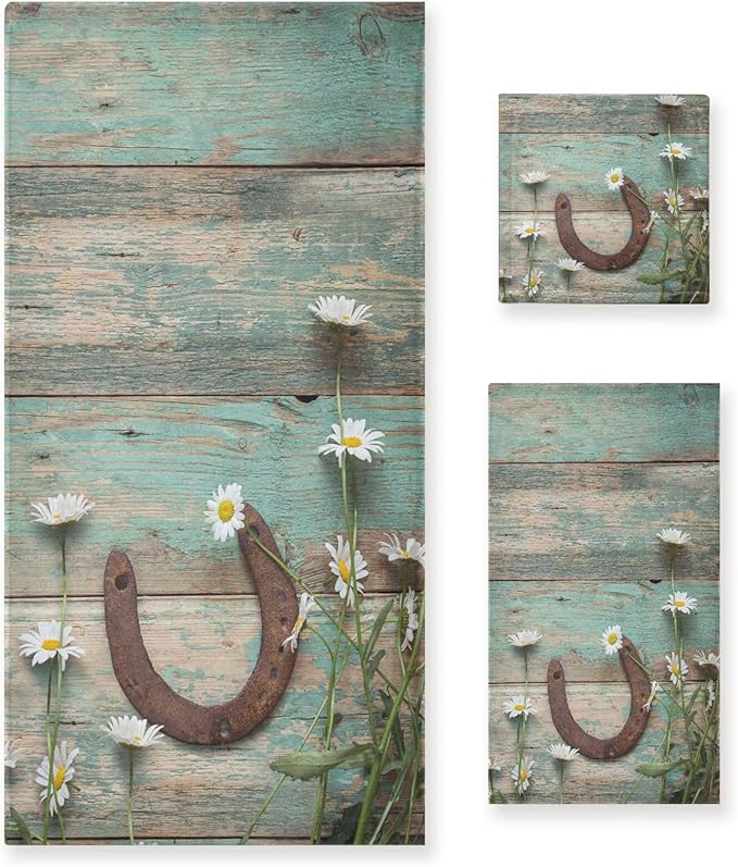 Rustic Western Horseshoe Bath Towels Set,Absorbent Soft 3 Piece Teal White Daisy Flower Wooden Barn Plank Towels for Bathroom,1 Bath Towel 1 Hand Towel 1 Washcloth,Decoractive Bathroom Towels