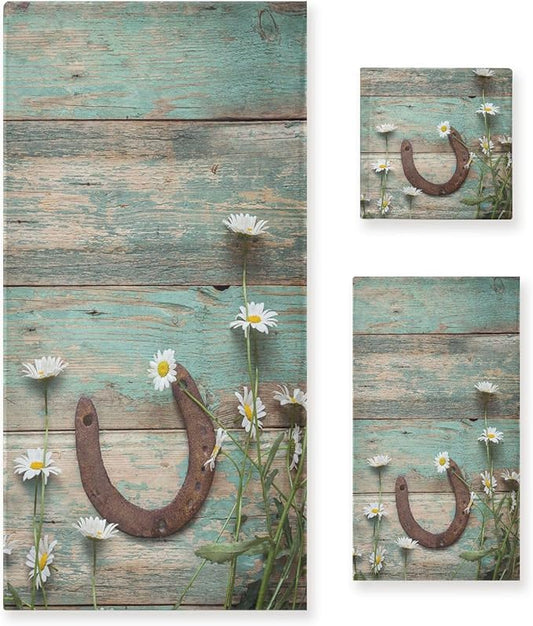 Rustic Western Horseshoe Bath Towels Set,Absorbent Soft 3 Piece Teal White Daisy Flower Wooden Barn Plank Towels for Bathroom,1 Bath Towel 1 Hand Towel 1 Washcloth,Decoractive Bathroom Towels
