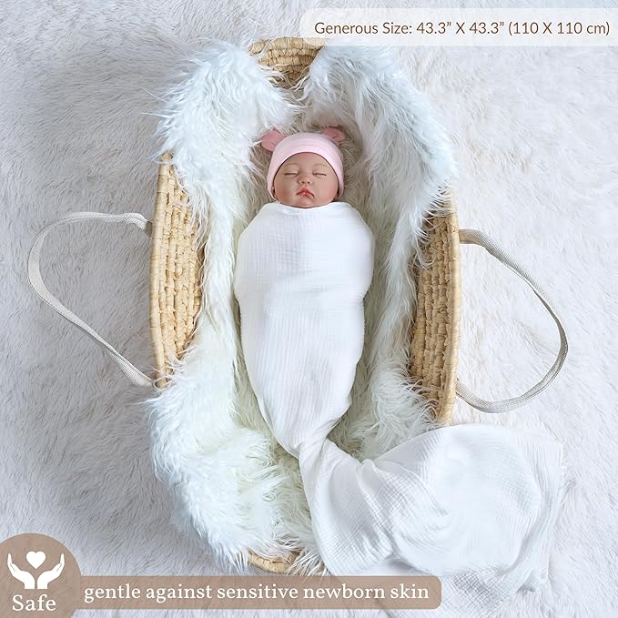 Meracorallo Muslin Swaddle Blanket, 100% Cotton Receiving Blanket Soft and Breathable Swaddle Wrap for Baby Boys and Girls, White