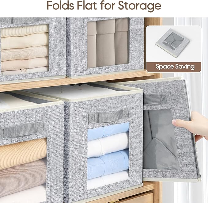 Foldable Storage Cubes - Cubby Storage Organizer with Window, Decorative Fabric Bins for Clothes Storage, Closet Organizers for Shelves, 11inch, Set of 8, Light Grey