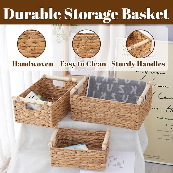 3-Pack Woven Storage Baskets Set, Small Medium Large Wicker Baskets for Shelves Organization, Rectangular Natural Weave Baskets for Kitchen, Bathroom, Living Room Decor, Home Storage Solutions