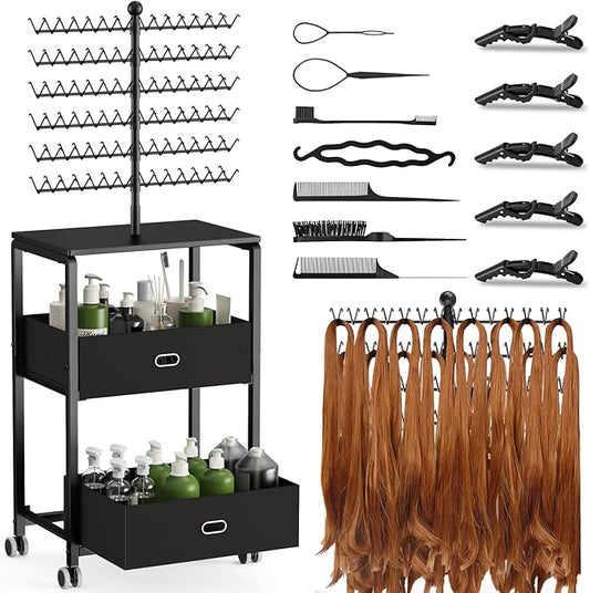 Portable Braiding Hair Rack with Wheels & Storage Drawers,168 Pegs Hair Extension Holder Hanger for Braiding Hair Separator Stand Display,Hair Rack with Stylist Hair braiding Tools(Black)