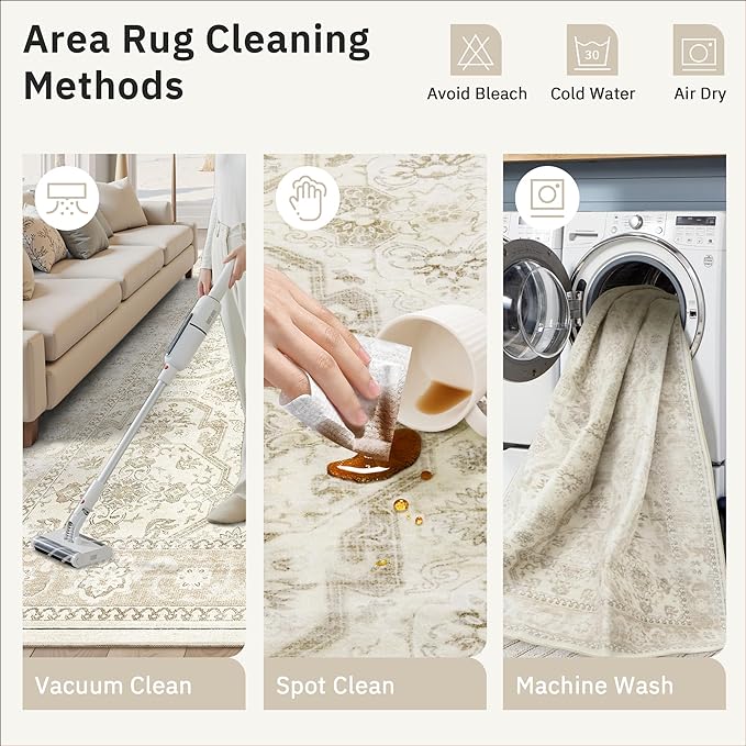 10x14 Area Rugs for Living Room, Non Slip Machine Washable Vintage Rugs, Low Pile Lightweight Large Rug for Bedroom, Dining Room, Home Office Beige/Brown