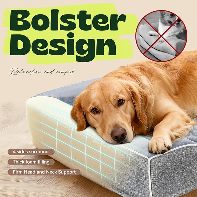 Extra Large Orthopedic Dog Bed with Cooling Gel Memory Foam,Waterproof XXL Dog Couch Bed with Removable Washable Cover,48 inch Pet Sofa with High Resilience Foam Sides for Old Pets,Grey