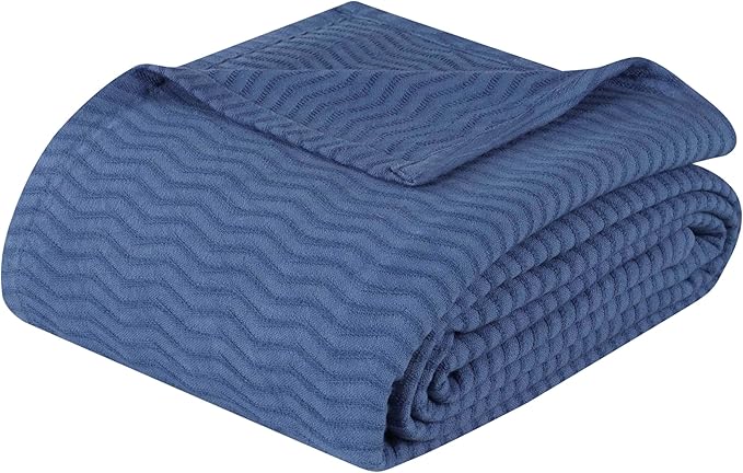 Superior JENA Cotton Blanket Picnic, Beach, Traveling or Camping, Bedroom, Essentials, Cover for Bed, Couch, Lounging, Textured Jacquard, Modern Chevron Woven Blanket, California King, Merritt Blue