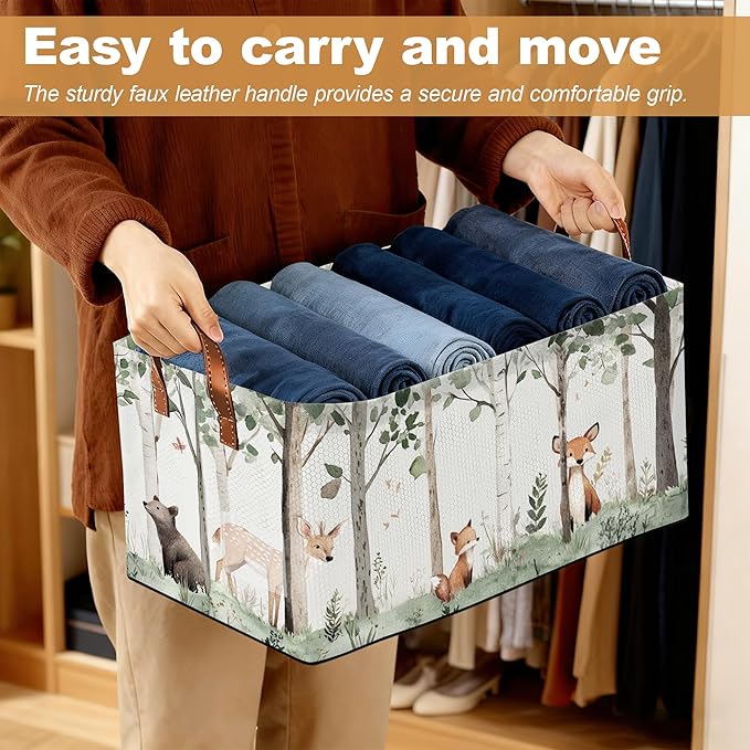 Forest Animal Storage Bin with Handles, Basket Storage Organizer for Shelves, Closet, Nursery, Book, Laundry Hamper & Home Decor