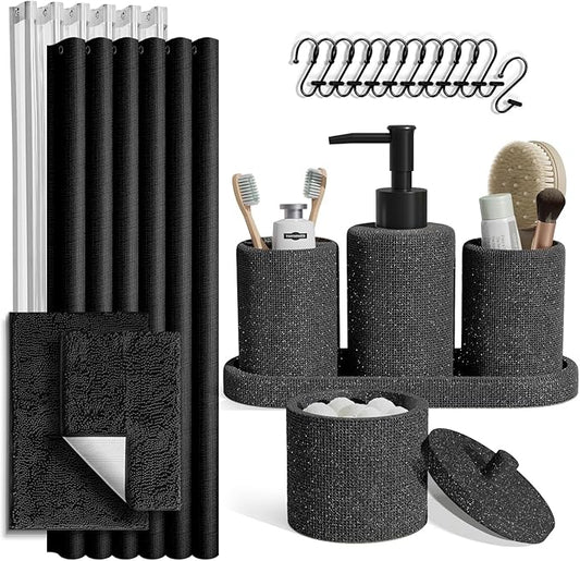 Clara Clark Coal Black Bathroom Set - Bathroom Sets with Shower Curtain and Rugs, 21PC Bathroom Accessory Set, Shower Curtain Set with Soap Dispenser & Toothbrush Holder