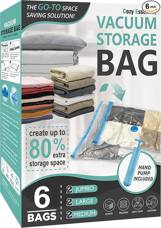 Cozy Essential Vacuum Storage Bags, Compression Space Saver Bags for Clothes, Comforters, Blankets, Pillow, Bedding, Sealer Clothing Storage,6 Combo