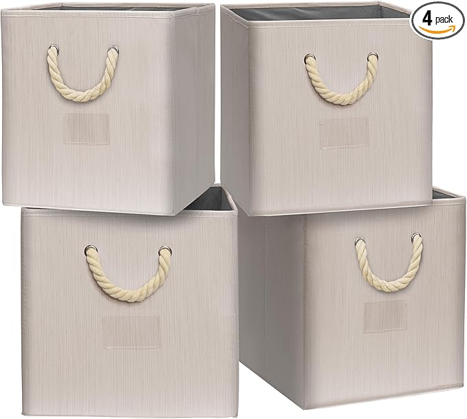 SIMPLE HOUSEWARE 11-Inch Cube Storage Bin With Braided Handles, 4 Pack, Ivory