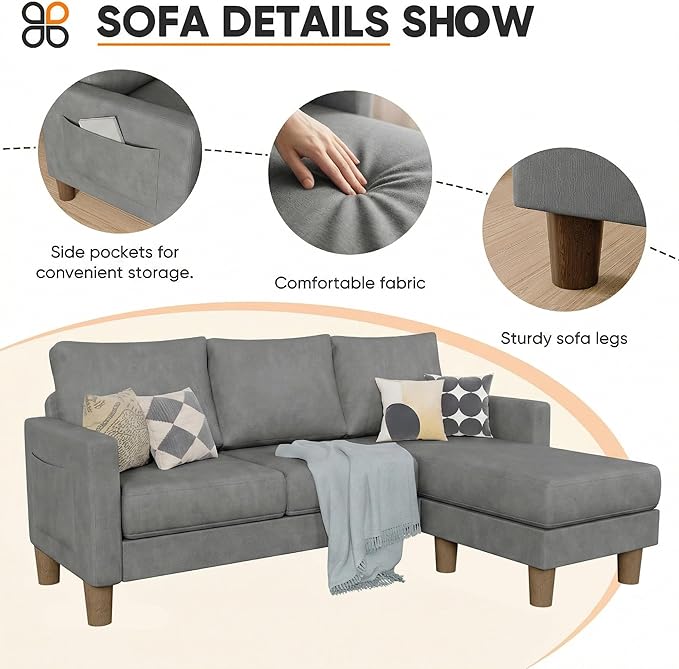 JUMMICO L Shape Sectional Sofa Couch, 3 Seat Convertible Sofa with Movable Ottoman and Side Storage Pockage, Modern Sofa Small Couches for Living Room & Apartment and Small Space (Linen, Grey)