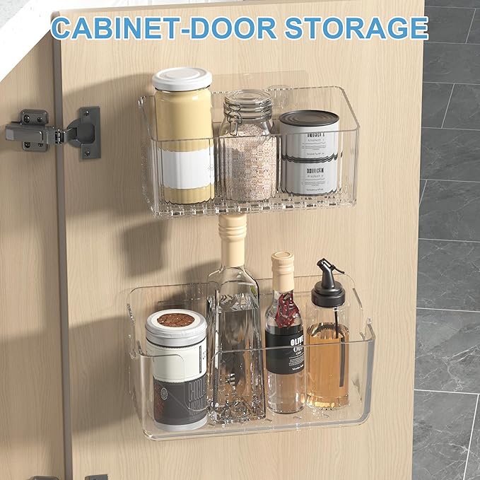 BasicForm 2 Pack Cabinet Door Organizer Bins, Adhesive Wall Mounted Clear Storage Caddy, Stackable PET Baskets for Kitchen Cabinets, Bathroom, Pantry, RV, and Office Organization