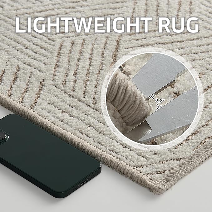 NICETOWN Cream Area Rug 5x7 for Living Room- Non slip Thin Jacquard Brown Machine Washable Rug Geometric Modern for Bedroom Large Entryway Rug with Rubberback Throw Carpet for Bedroom, white and Brown