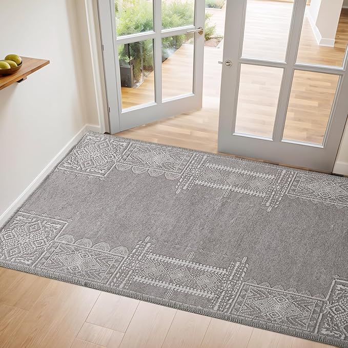 NICETOWN 2x3 Area Rug Washable Non Slip Silver Grey Modern Carpet for Entryway Kitchen, Stain Resistant Foldable Small Throw Rug Pet & Kids Friendly for Bathroom 24 x 36 inch