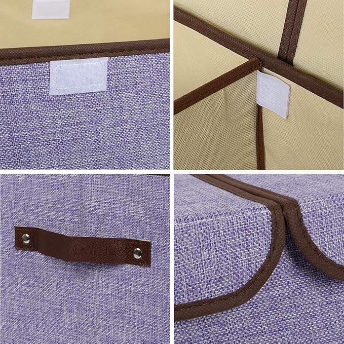 UUJOLY Large Storage Bins Linen Fabric Foldable Basket Cubes Organizer Storage Boxes Drawer with Lid and Handles for Home, Office, Closet, Bedroom, Nursery (Purple-2pcs)